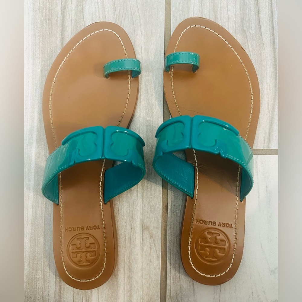 Tory Burch: Marcia Patent Leather Turquoise Sandals, 7.5